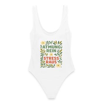 Atmung rein Stress raus – Entspannung Spruch - Frauen Badeanzug - Weiß - Hinten - AI Model Female 172 dark (172cm)