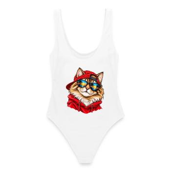 Coole Katze im roten Hoodie – Sunset Beach Vibes - Frauen Badeanzug - Weiß - Hinten - AI Model Female 172 dark (172cm)