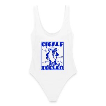 Cigale chanteuse Toulon - Mascotte rétro Provence - Maillot de bain femme - blanc - Dos - AI Model Female 172 dark (172cm)