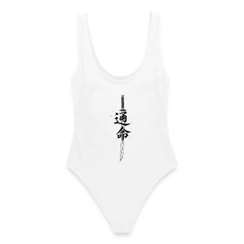 Samurai Katana Shirt, Japan  - Frauen Badeanzug - Weiß - Hinten - AI Model Female 172 dark (172cm)