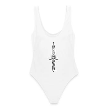 Minimalistisches schwarz-weiß Dolch-Line Art - Frauen Badeanzug - Weiß - Hinten - AI Model Female 172 dark (172cm)