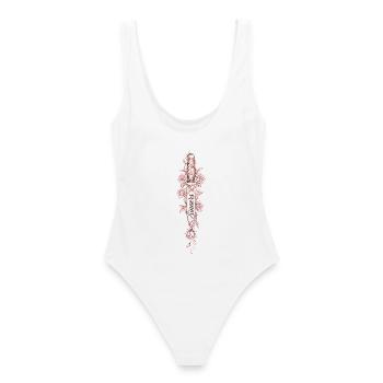 Sünder Dolch und Rosen Tattoo-Stil Dunkler Aesthet - Frauen Badeanzug - Weiß - Hinten - AI Model Female 172 dark (172cm)