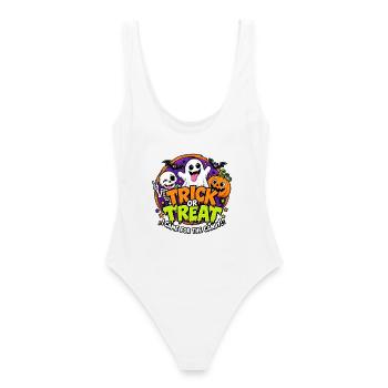 ⚪ Trick or Treat – Candy Crew - Frauen Badeanzug - Weiß - Hinten - AI Model Female 172 dark (172cm)