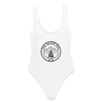 Take The Slow Trail - Back Print Mountain Badge - Frauen Badeanzug - Weiß - Hinten - AI Model Female 172 dark (172cm)
