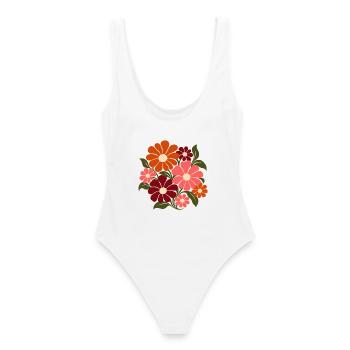 Retro Blumen – Flower Power in Orange und Rosa - Frauen Badeanzug - Weiß - Hinten - AI Model Female 172 dark (172cm)