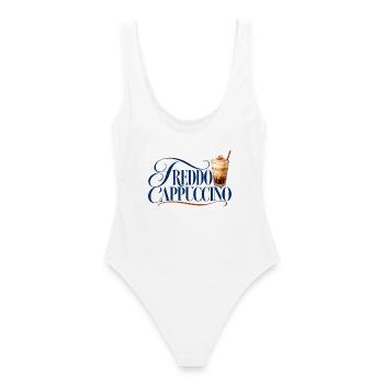 Freddo Cappuccino Schrift mit Eiskaffee - Frauen Badeanzug - Weiß - Hinten - AI Model Female 172 dark (172cm)