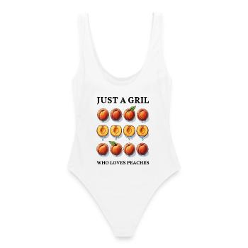JUST A GIRL WHO LOVES PEACHES - Pfirsich - Frauen Badeanzug - Weiß - Hinten - AI Model Female 172 dark (172cm)