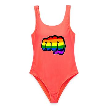 Regenbogenflagge Hand Faust  - Frauen Badeanzug - Korallenrot - Vorne - AI Model Female 172 light (172cm)