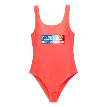 Klimastreifen - Frauen Badeanzug - Korallenrot - Vorne - AI Model Female 172 light (172cm)
