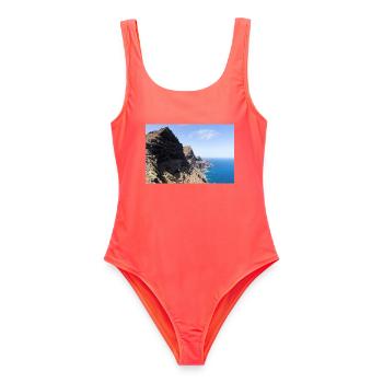 Gran Canaria Küste – Drachenschwanz Cola de Dragó - Frauen Badeanzug - Korallenrot - Vorne - AI Model Female 172 light (172cm)