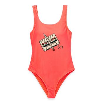 Vintage-Retro-Bleistift und farbiges Bandkassette - Frauen Badeanzug - Korallenrot - Vorne - AI Model Female 172 light (172cm)