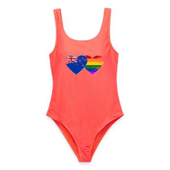 Neuseeland Regenbogen Flagge Herz used - Frauen Badeanzug - Korallenrot - Vorne - AI Model Female 172 light (172cm)