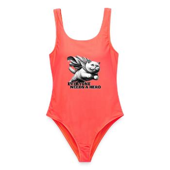 Super Katze Superheld BKH weiß Britisch Kurzhaar - Frauen Badeanzug - Korallenrot - Vorne - AI Model Female 172 light (172cm)