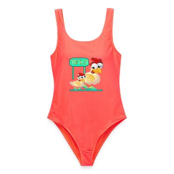 TRIATHLON LAUFEN - GEFLÜGEL HUHN - Frauen Badeanzug - Korallenrot - Vorne - AI Model Female 172 light (172cm)