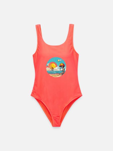 Retro Strandsonne Cartoon - Frauen Badeanzug - Korallenrot