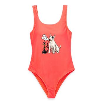 Bull Terrier mit Shisha - Frauen Badeanzug - Korallenrot - Vorne - AI Model Female 172 light (172cm)