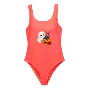 Verspielter Geisterkatzen-Kürbis - Frauen Badeanzug - Korallenrot - Vorne - AI Model Female 172 light (172cm)