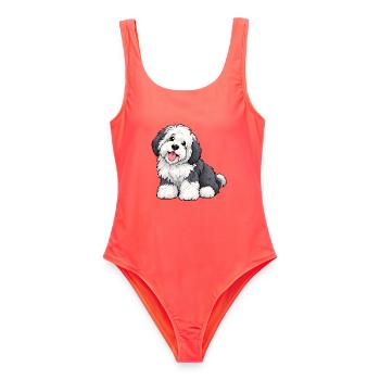 Bobtail Kawaii Style – Süßer flauschiger Hund - Frauen Badeanzug - Korallenrot - Vorne - AI Model Female 172 light (172cm)