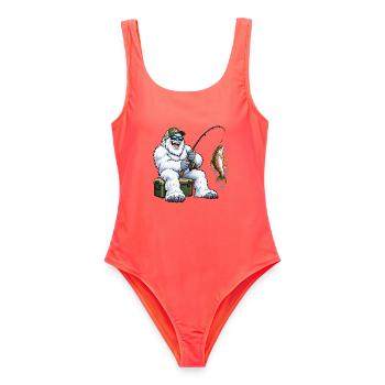 Fröhlicher Yeti beim Angeln – Lustiges Outdoor Mot - Frauen Badeanzug - Korallenrot - Vorne - AI Model Female 172 light (172cm)