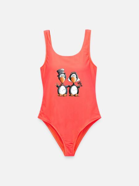 Pinguin Hochzeit - Frauen Badeanzug - Korallenrot