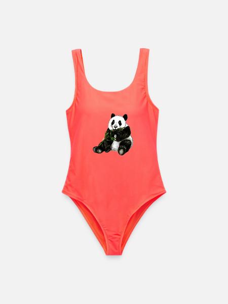 Handgemaltes Pandabär Design mit grünem Bambus - Frauen Badeanzug - Korallenrot