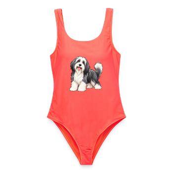 Bearded Collie Kawaii Style – Süßer Hund - Frauen Badeanzug - Korallenrot - Vorne - AI Model Female 172 light (172cm)