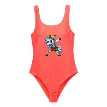 Dabbing Einhorn Lederhose Tracht - Frauen Badeanzug - Korallenrot - Vorne - AI Model Female 172 light (172cm)