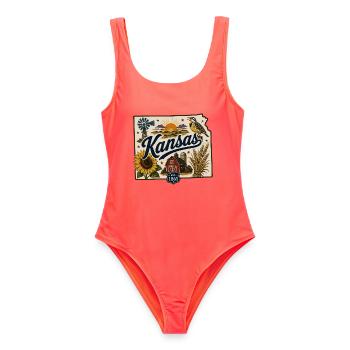 Kansas Sunflower State Vintage Reiseaufkleber - Frauen Badeanzug - Korallenrot - Vorne - AI Model Female 172 light (172cm)