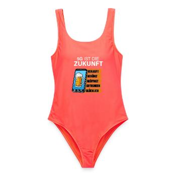 5G Zukunft Bierstatus - Frauen Badeanzug - Korallenrot - Vorne - AI Model Female 172 light (172cm)