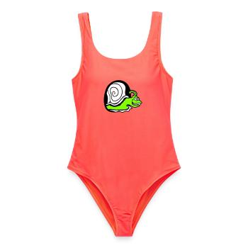 Schnecke guckt Loch Wand Mauseloch lustig albern - Frauen Badeanzug - Korallenrot - Vorne - AI Model Female 172 light (172cm)