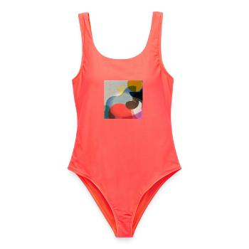 Abstrakte Farbformen Komposition - Frauen Badeanzug - Korallenrot - Vorne - AI Model Female 172 light (172cm)