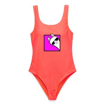 Lama Cool Guckt um Ecke Seite Sonnenbrille Alpaka - Frauen Badeanzug - Korallenrot - Vorne - AI Model Female 172 light (172cm)