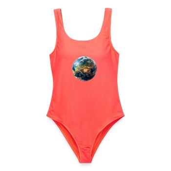 Globus-Design: Europa-Asien Landschaft - Frauen Badeanzug - Korallenrot - Vorne - AI Model Female 172 light (172cm)