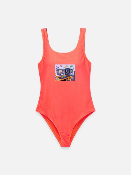 Retro Gaming-Schreibtisch Neon RGB - Frauen Badeanzug - Korallenrot