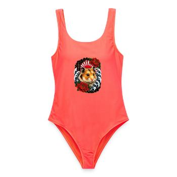 Hamster im japanischen Irezumi Tattoo Stil - Frauen Badeanzug - Korallenrot - Vorne - AI Model Female 172 light (172cm)