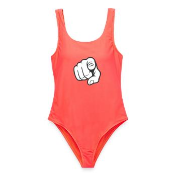 Aufkleber-Design mit dem Finger auf deine Geste - Frauen Badeanzug - Korallenrot - Vorne - AI Model Female 172 light (172cm)