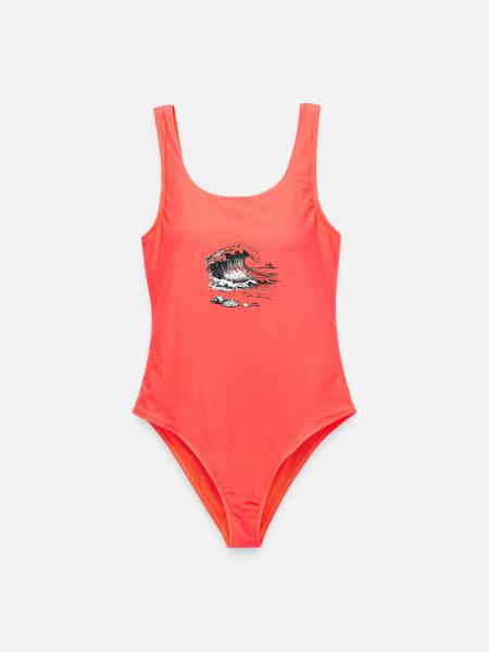 Große Ozeanwelle Mit Palmeninsel Und Muscheln - Frauen Badeanzug - Korallenrot