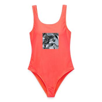 Abstraktes flüssiges Chrom - Frauen Badeanzug - Korallenrot - Vorne - AI Model Female 172 light (172cm)