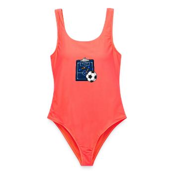 Fußballtrainer-Taktikausschuss und Fußball - Frauen Badeanzug - Korallenrot - Vorne - AI Model Female 172 light (172cm)
