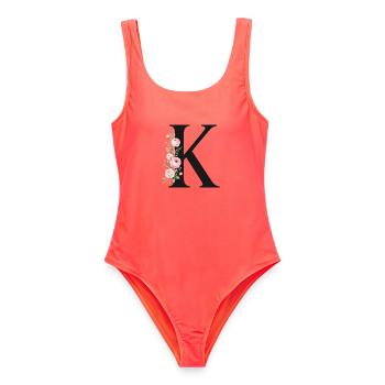 K Buchstabe Monogram Floral - Frauen Badeanzug - Korallenrot - Vorne - AI Model Female 172 light (172cm)