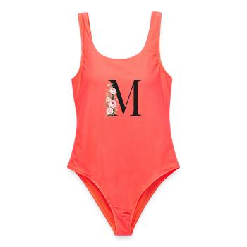 M Buchstabe Monogram Floral - Frauen Badeanzug - Korallenrot - Vorne - AI Model Female 172 light (172cm)
