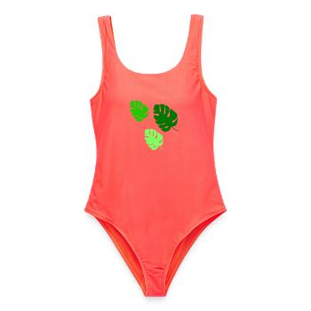 Monstera Blätter Trio Design - Frauen Badeanzug - Korallenrot - Vorne - AI Model Female 172 light (172cm)