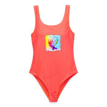 Farbenexplosion Tennisracket - Frauen Badeanzug - Korallenrot - Vorne - AI Model Female 172 light (172cm)