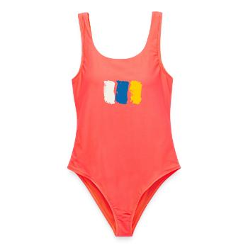 Kanarische Inseln Flagge - Pinselstriche - Frauen Badeanzug - Korallenrot - Vorne - AI Model Female 172 light (172cm)