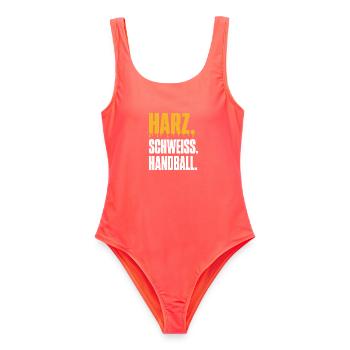 Harz. Schweiß. Handball. – Typo Shirt - Frauen Badeanzug - Korallenrot - Vorne - AI Model Female 172 light (172cm)