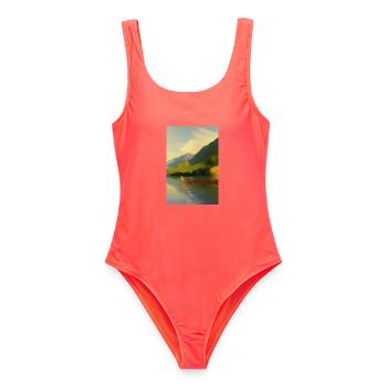 Landschaft mit See, Boot und Berge - Frauen Badeanzug - Korallenrot - Vorne - AI Model Female 172 light (172cm)