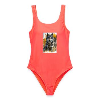 Illustration of a wolf - Maillot de bain femme - corail - Devant - AI Model Female 172 light (172cm)