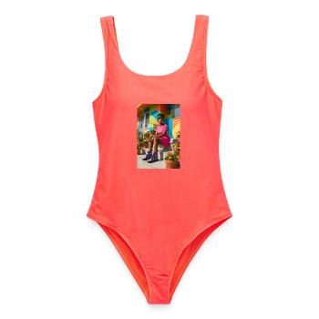 Neon Bloom Streetwear - Frauen Badeanzug - Korallenrot - Vorne - AI Model Female 172 light (172cm)
