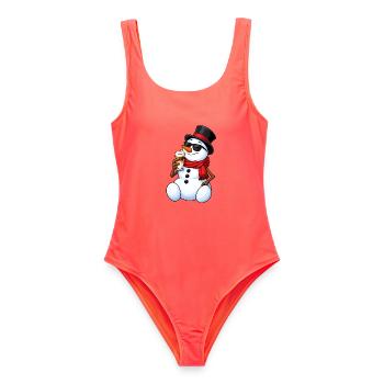 Schneemann mit Latte Macchiato - Frauen Badeanzug - Korallenrot - Vorne - AI Model Female 172 light (172cm)