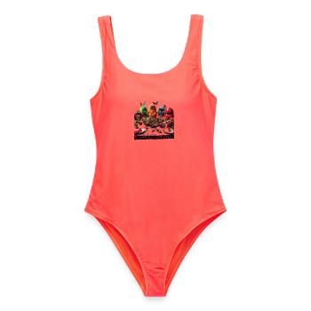 Humorous Monster Christmas Scene - Women's Swimsuit - coral - Front - AI Model Female 172 light (172cm)